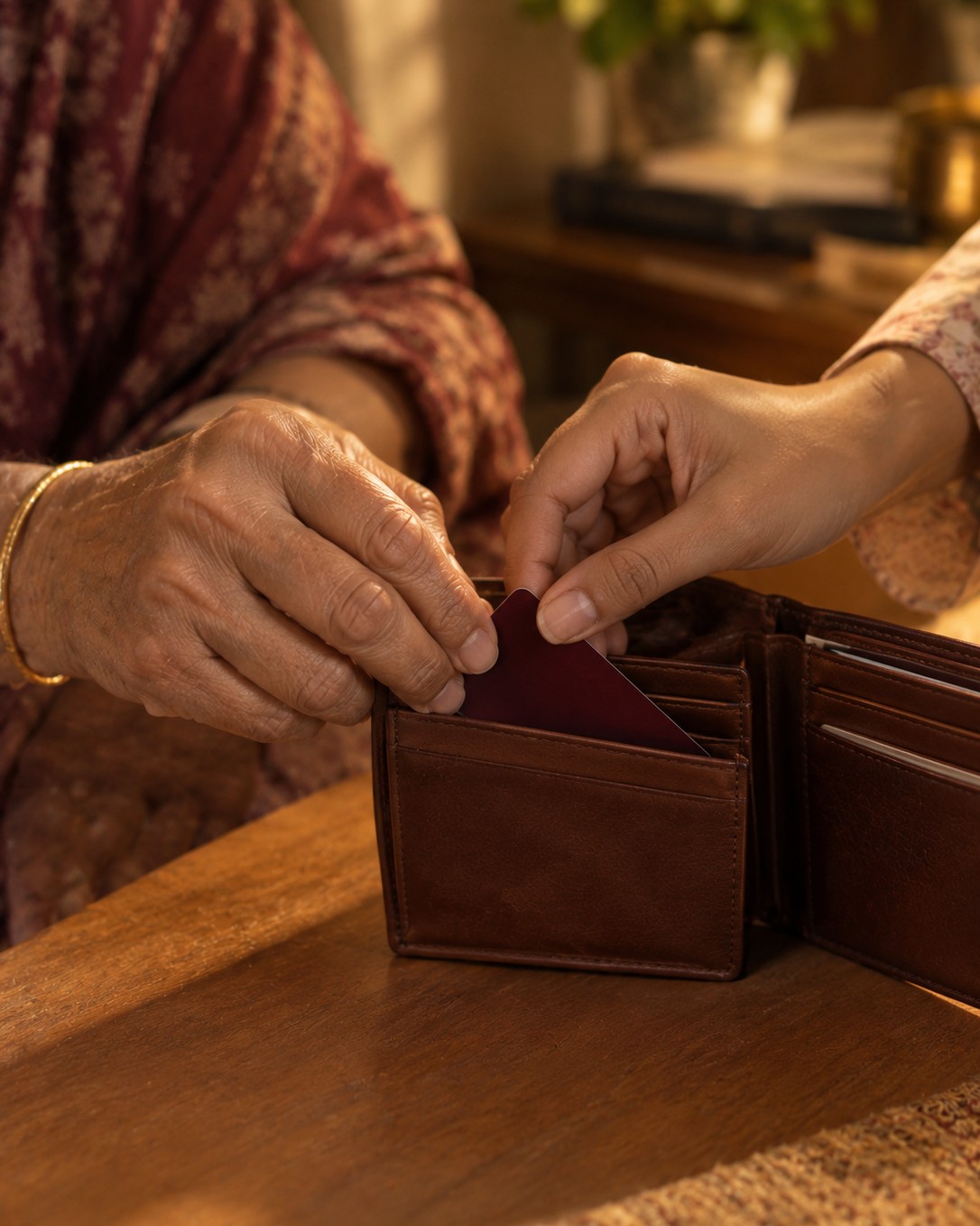 A hand gently placing a SurakshaCard into an elderly parent's wallet