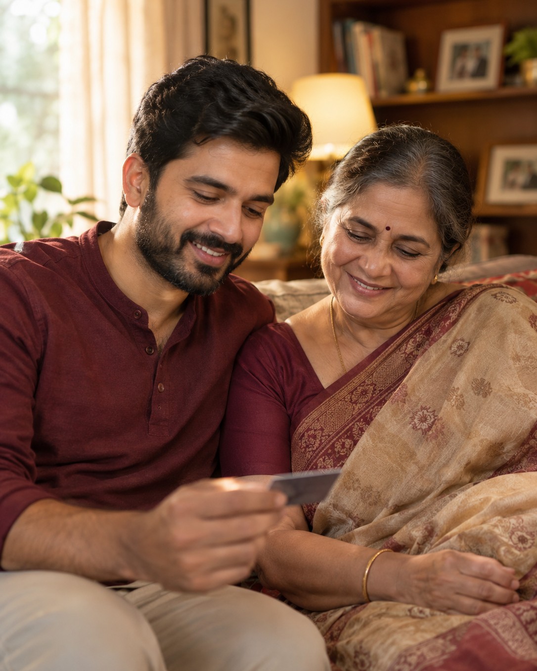 An adult son sitting beside his mother on the sofa at home, looking together at a SurakshaCard